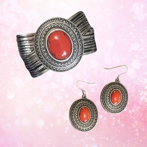 Premier Designs Red Spice Antiqued Silver Plated Cuff Bracelet & Earrings
